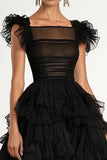 Noir A-ligne Manches Plus Plates Volants Tulle Thé Longueur Robe Formelle