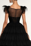 Noir A-ligne Manches Plus Plates Volants Tulle Thé Longueur Robe Formelle
