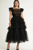 Robe formelle midi grande taille en tulle noire ligne A plus plate