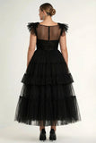 Robe formelle midi grande taille en tulle noire ligne A plus plate