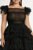 Robe formelle midi grande taille en tulle noire ligne A plus plate
