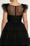 Robe formelle midi grande taille en tulle noire ligne A plus plate