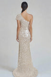 Robe formelle sirène champagne scintillante à une épaule avec paillettes