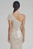 Robe formelle sirène champagne scintillante à une épaule avec paillettes