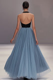 Col V Noir Bleu Plissé Tulle Robe Longue Formelle