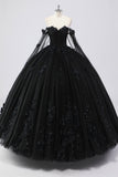 Robe de bal noire à épaules dénudées en tulle Quinceanera avec fleurs 3D