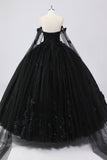 Robe de bal noire à épaules dénudées en tulle Quinceanera avec fleurs 3D
