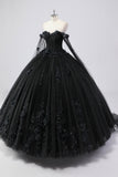 Robe de bal noire à épaules dénudées en tulle Quinceanera avec fleurs 3D