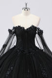 Robe de bal noire à épaules dénudées en tulle Quinceanera avec fleurs 3D