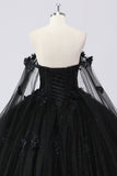 Robe de bal noire à épaules dénudées en tulle Quinceanera avec fleurs 3D