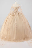 Princesse Champagne Épaules Dénudées Manches Cape Tulle Quinceanera Robe avec Appliques