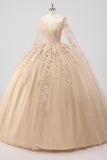 Princesse Champagne Épaules Dénudées Manches Cape Tulle Quinceanera Robe avec Appliques