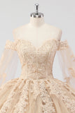 Princesse Champagne Épaules Dénudées Manches Cape Tulle Quinceanera Robe avec Appliques