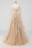 Princesse Champagne Épaules Dénudées Manches Cape Tulle Quinceanera Robe avec Appliques