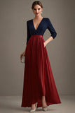 Robe trapèze en mousseline de soie bleu marine et rouge à col en V
