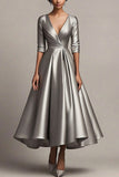 Col V A Ligne Satin Manches Grises Longueur Veau Robe Mère