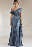 Robe formelle froncée en satin gris bleu sirène à une épaule avec volants