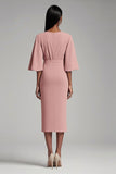 Robe longue mère moulante en mousseline de soie à col en V rose avec manches 1/2