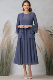 Robe de mère de la mariée deux pièces grise et bleue à manches longues