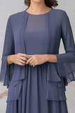 Robe de mère de la mariée deux pièces grise et bleue à manches longues