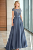Élégant gris bleu Une ligne Cap Manches Mère De La Mariée Robe Avec Appliques De Dentelle