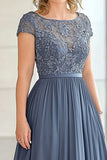 Élégant gris bleu Une ligne Cap Manches Mère De La Mariée Robe Avec Appliques De Dentelle