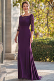 Violet foncé sirène 3/4 manches lacées longue mère de la mariée robe