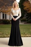 Champagne Noir Sirène Illusion Col Manches Longues Mère de la Mariée Robe avec Appliques