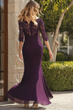 Dentelle en mousseline de soie violet foncé sirène mère de la mariée robe à manches 3/4