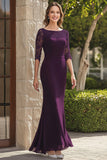 Dentelle en mousseline de soie violet foncé sirène mère de la mariée robe à manches 3/4