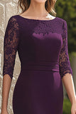 Dentelle en mousseline de soie violet foncé sirène mère de la mariée robe à manches 3/4