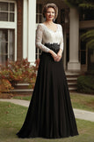 Champagne Noir Une ligne Col V Manches 3/4 Dentelle Longue Robe Mère