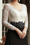 Champagne Noir Une ligne Col V Manches 3/4 Dentelle Longue Robe Mère