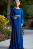 Bleu royal coupe ample manches longues perlées plissées col rond Robe mère de la mariée