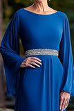 Bleu royal coupe ample manches longues perlées plissées col rond Robe mère de la mariée