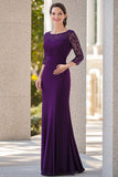 Dentelle Violette Manches 3/4 Col Rond Droit Longue Robe Mère De Mariée