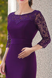 Dentelle Violette Manches 3/4 Col Rond Droit Longue Robe Mère De Mariée