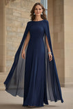 Robe longue mère de la mariée en mousseline de soie de sirène marine avec cape