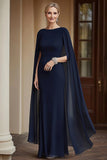 Flowy Navy Sirène Mousseline de soie Longue Mère de la Mariée Robe avec Cape