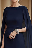 Flowy Navy Sirène Mousseline de soie Longue Mère de la Mariée Robe avec Cape