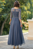 Poudré bleu trapèze 3/4 manches dentelle haut en mousseline de soie longue mère de la mariée robe