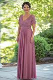 Dusty Rose Mousseline de soie Une ligne V Col Dentelle Mère de la mariée Robe à manches courtes