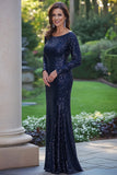 Elégante Robe Scoop Scoop Bleu Marine Longue Mère de la Mariée à Manches Longues