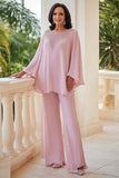 Scoop en mousseline de soie rose 2 pièces perlé mère de la mariée tailleurs pantalon à manches longues