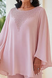 Scoop en mousseline de soie rose 2 pièces perlé mère de la mariée tailleurs pantalon à manches longues