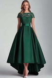 Dentelle de satin vert Une ligne haute basse Mère de la mariée Robe à manches courtes