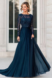 Robe longue en dentelle et mousseline de soie marine à manches longues Mère de la Birde
