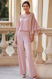 Pull Round Collar Mousseline de soie Mère de la mariée Tailleurs pantalon avec perles