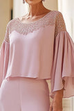 Pull Round Collar Mousseline de soie Mère de la mariée Tailleurs pantalon avec perles
