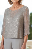 Mousseline de soie grise col rond 2 pièces mère de la mariée pantalon tailleurs avec perles